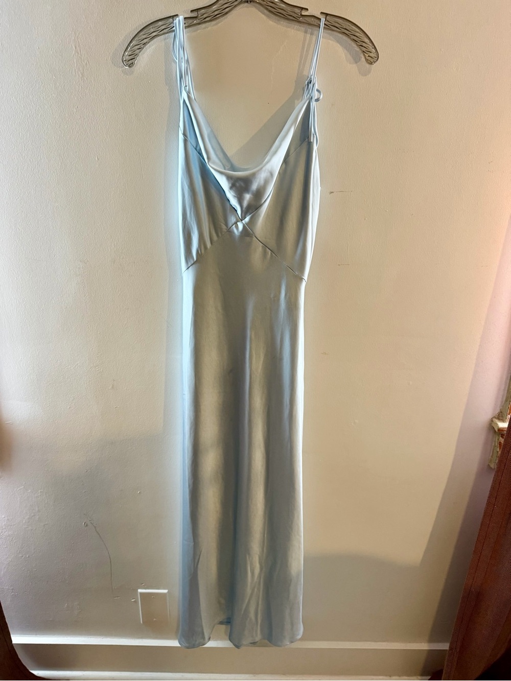 Satin Light Blue Maxi Tie Shoulder Dress with Cowl Neck